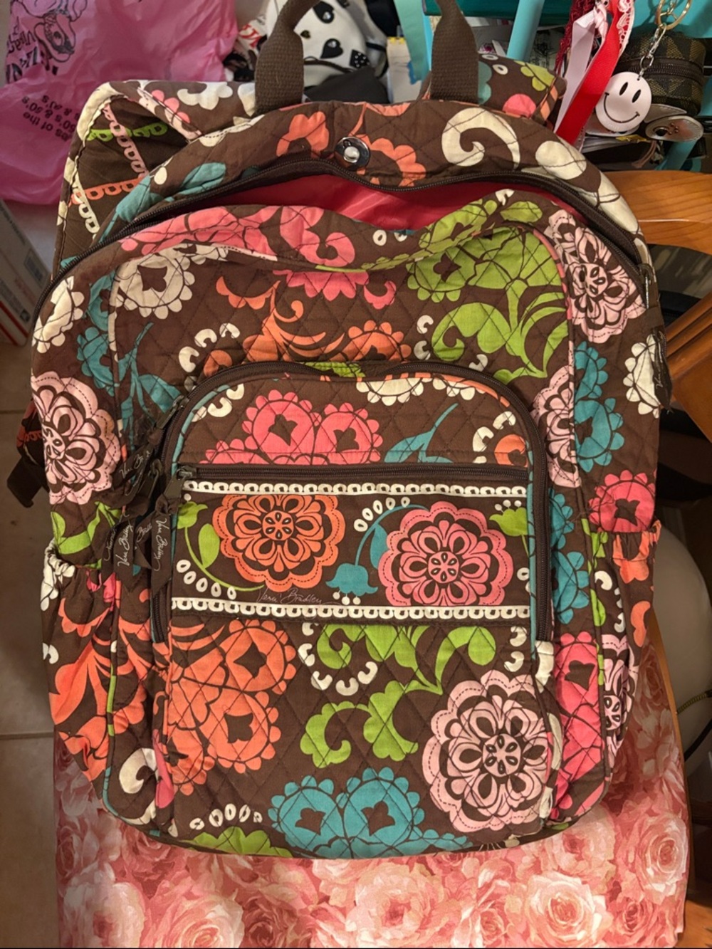 Vera Bradley Brown Quilted Backpack with Pink, Orange, Green & Blue Floral Print